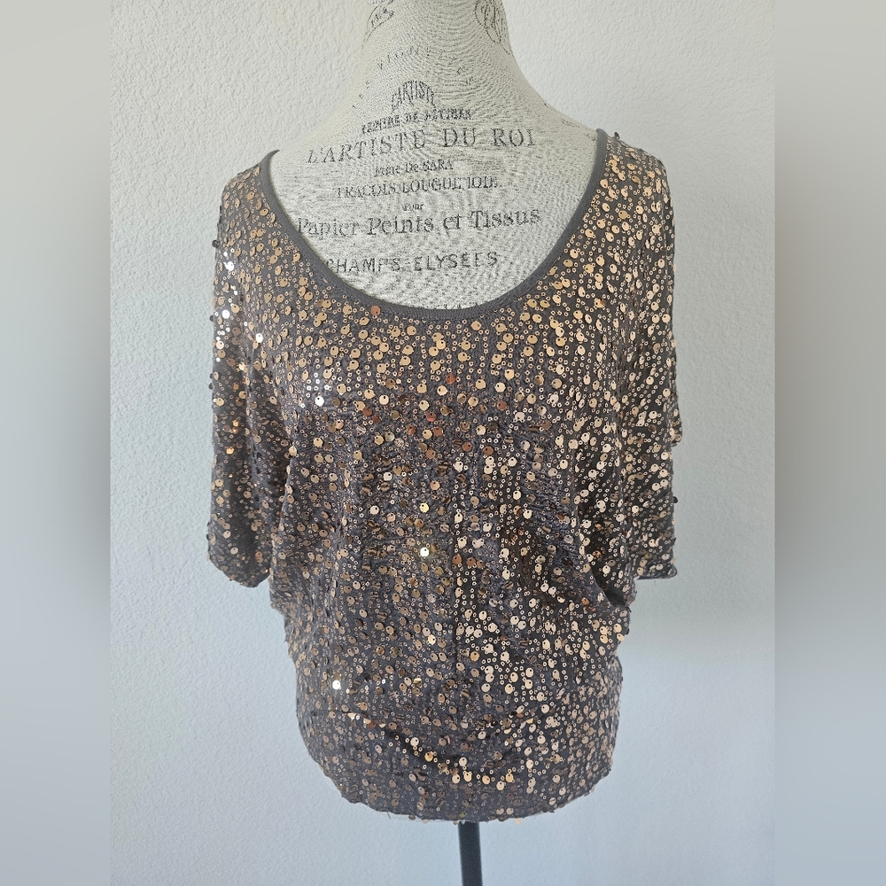 Remain Taupe Gray Sequin Batwing Blouse - 100% Viscose - Glam Party Top